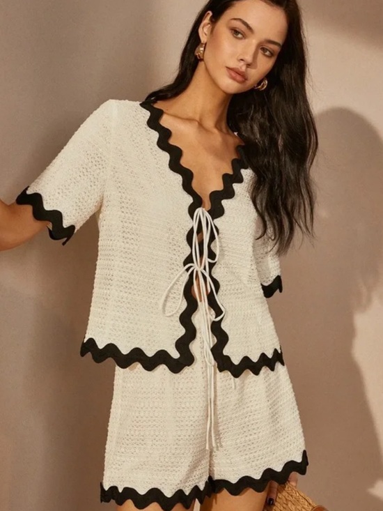 Commense Other - Commense Ivory Crochet Tie-Front Coverup with Black Scalloped Trim never worn